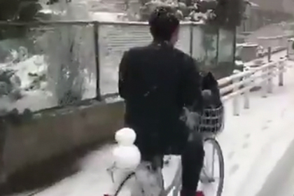 Одинокий японец покатал снежную подругу на велосипеде и прославился в сети